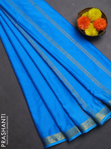 Semi mysore silk saree cs blue with plain body and small zari woven border