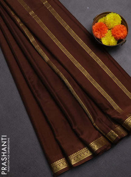 Semi mysore silk saree brown with plain body and small zari woven border