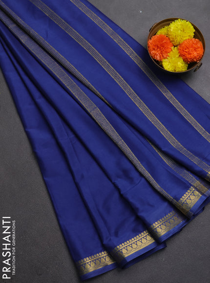 Semi mysore silk saree indigo blue with plain body and small zari woven border