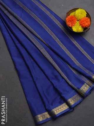 Semi mysore silk saree indigo blue with plain body and small zari woven border