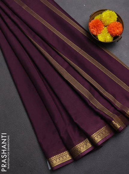 Semi mysore silk saree deep wine with plain body and small zari woven border