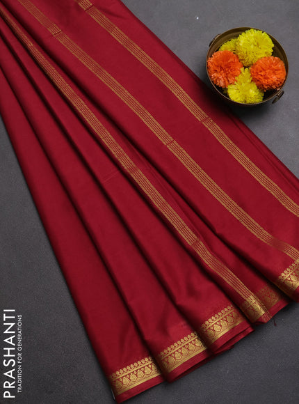 Semi mysore silk saree kumkum red with plain body and small zari woven border