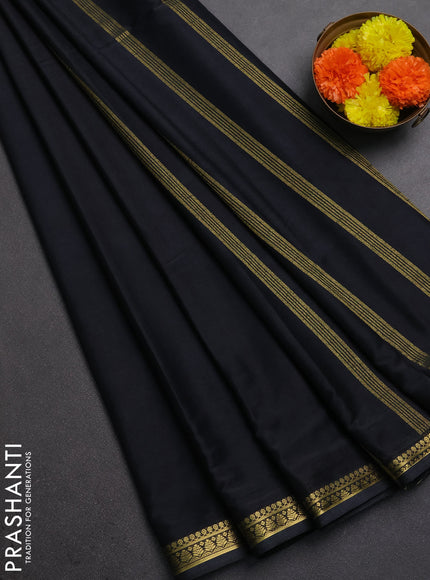 Semi mysore silk saree black with plain body and small zari woven border