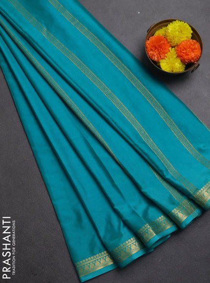 Semi mysore silk saree teal blue with plain body and small zari woven border