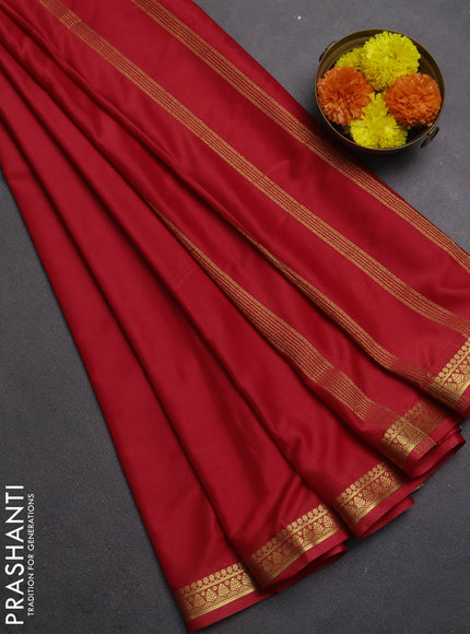 Semi mysore silk saree red with plain body and small zari woven border