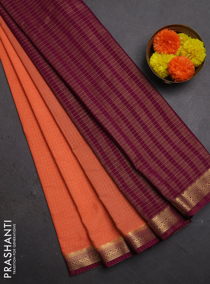 Semi mysore silk saree peach orange and purple with allover zari checked pattern and temple design zari woven border