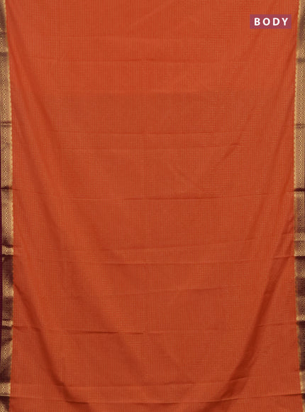 Semi mysore silk saree peach orange and purple with allover zari checked pattern and temple design zari woven border
