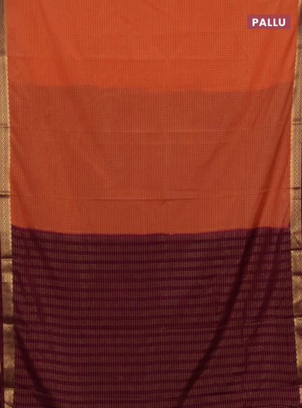 Semi mysore silk saree peach orange and purple with allover zari checked pattern and temple design zari woven border