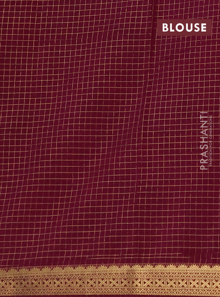 Semi mysore silk saree peach orange and purple with allover zari checked pattern and temple design zari woven border