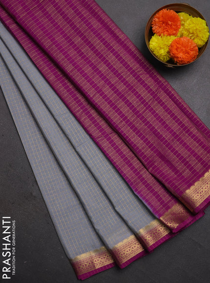 Semi mysore silk saree grey and magenta pink with allover zari checked pattern and temple design zari woven border
