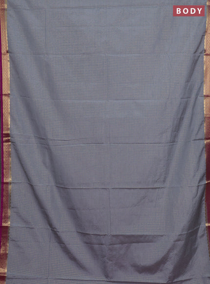 Semi mysore silk saree grey and magenta pink with allover zari checked pattern and temple design zari woven border