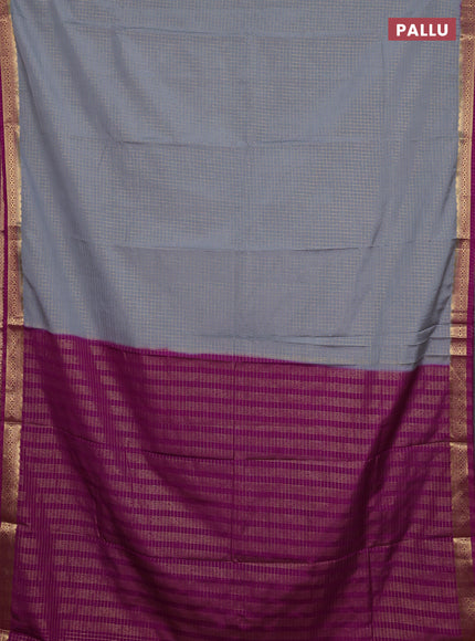 Semi mysore silk saree grey and magenta pink with allover zari checked pattern and temple design zari woven border