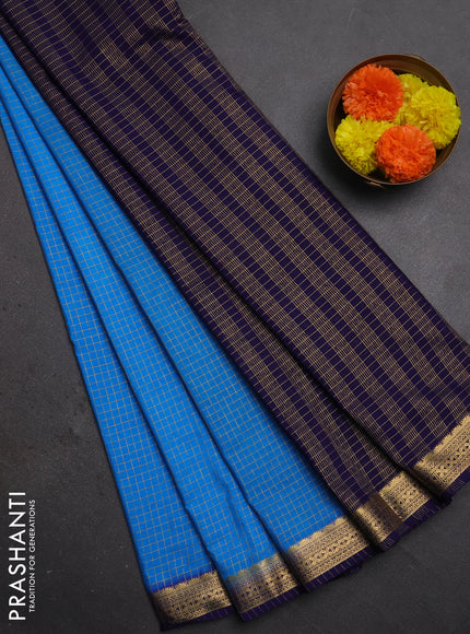 Semi mysore silk saree cs blue and navy blue with allover zari checked pattern and temple design zari woven border