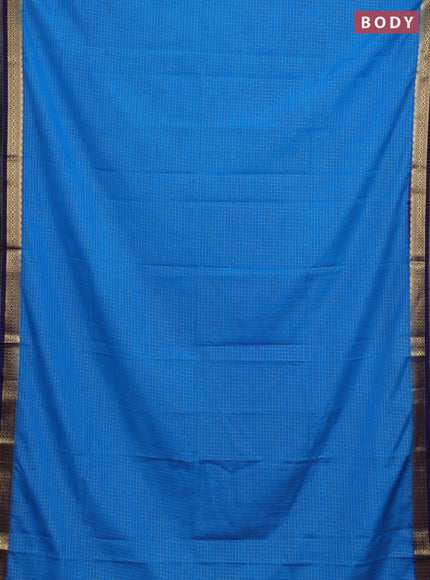 Semi mysore silk saree cs blue and navy blue with allover zari checked pattern and temple design zari woven border