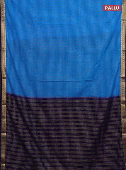 Semi mysore silk saree cs blue and navy blue with allover zari checked pattern and temple design zari woven border