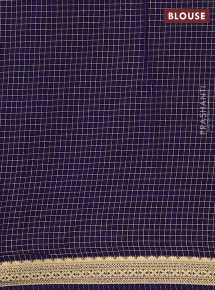 Semi mysore silk saree cs blue and navy blue with allover zari checked pattern and temple design zari woven border