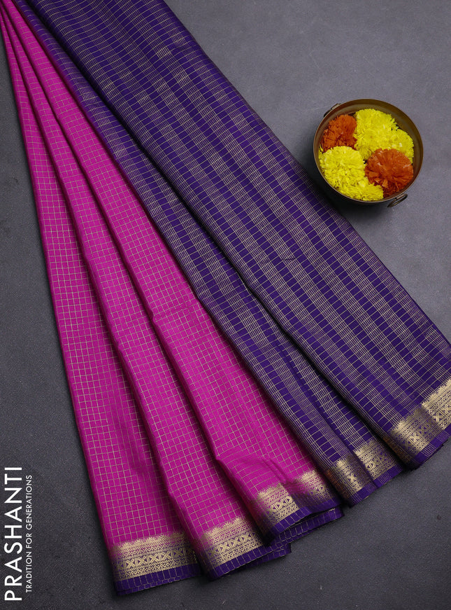 Semi mysore silk saree pink and violet with allover zari checked pattern and temple design zari woven border