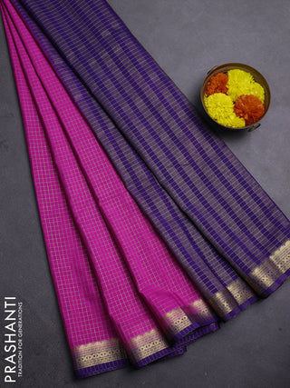 Semi mysore silk saree pink and violet with allover zari checked pattern and temple design zari woven border
