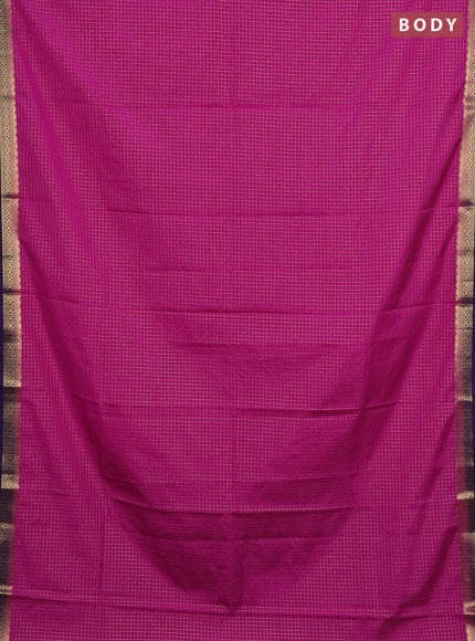 Semi mysore silk saree pink and violet with allover zari checked pattern and temple design zari woven border