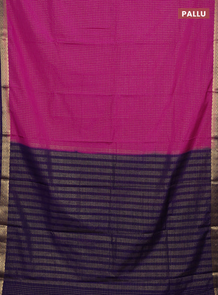 Semi mysore silk saree pink and violet with allover zari checked pattern and temple design zari woven border