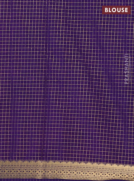 Semi mysore silk saree pink and violet with allover zari checked pattern and temple design zari woven border