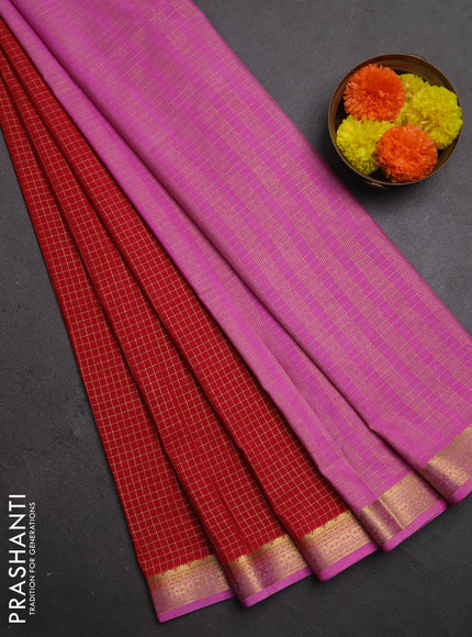 Semi mysore silk saree red and pink with allover zari checked pattern and temple design zari woven border