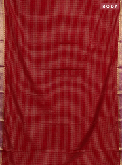 Semi mysore silk saree red and pink with allover zari checked pattern and temple design zari woven border