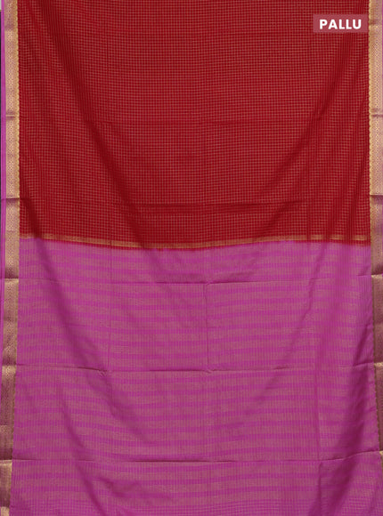Semi mysore silk saree red and pink with allover zari checked pattern and temple design zari woven border