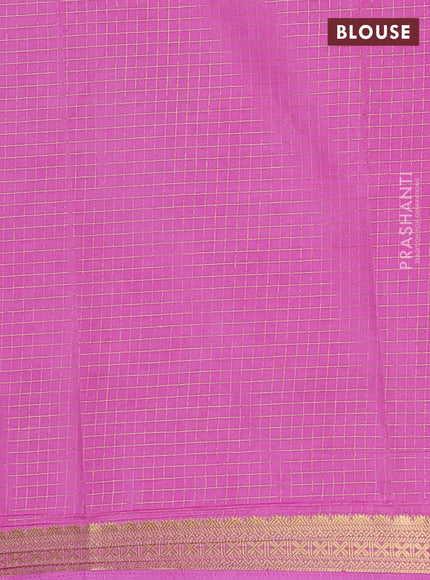 Semi mysore silk saree red and pink with allover zari checked pattern and temple design zari woven border