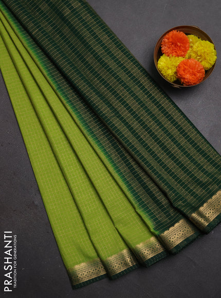Semi mysore silk saree light green and bottle green with allover zari checked pattern and temple design zari woven border