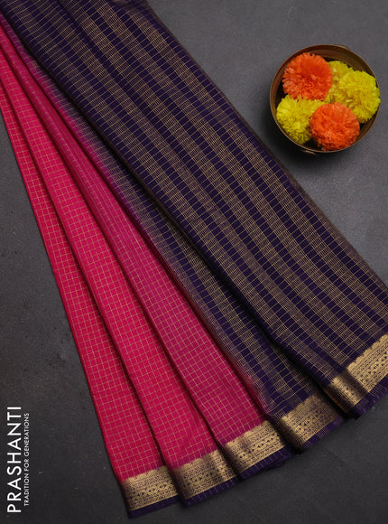 Semi mysore silk saree rain pink and violet with allover zari checked pattern and temple design zari woven border