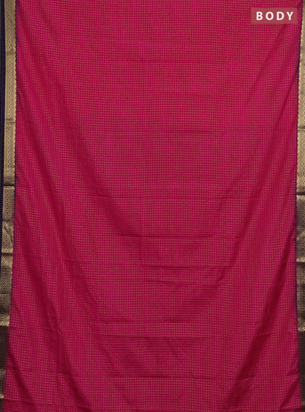 Semi mysore silk saree rain pink and violet with allover zari checked pattern and temple design zari woven border