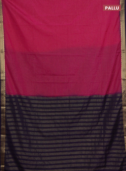 Semi mysore silk saree rain pink and violet with allover zari checked pattern and temple design zari woven border