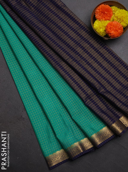 Semi mysore silk saree teal green and navy blue with allover zari checked pattern and temple design zari woven border