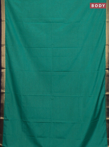 Semi mysore silk saree teal green and navy blue with allover zari checked pattern and temple design zari woven border