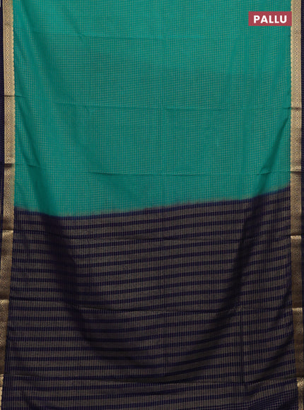 Semi mysore silk saree teal green and navy blue with allover zari checked pattern and temple design zari woven border