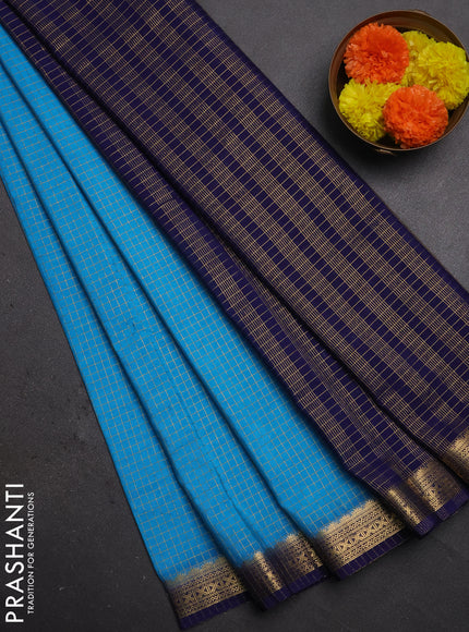Semi mysore silk saree cs blue and navy blue with allover zari checked pattern and temple design zari woven border