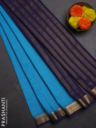 Semi mysore silk saree cs blue and navy blue with allover zari checked pattern and temple design zari woven border