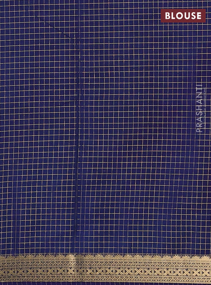 Semi mysore silk saree cs blue and navy blue with allover zari checked pattern and temple design zari woven border