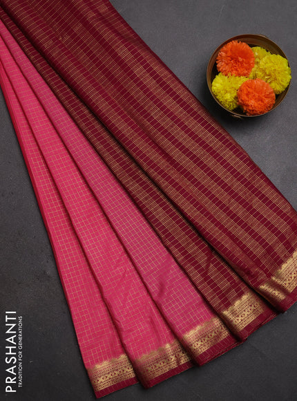 Semi mysore silk saree light pink and maroon shade with allover zari checked pattern and temple design zari woven border