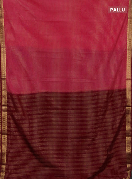 Semi mysore silk saree light pink and maroon shade with allover zari checked pattern and temple design zari woven border