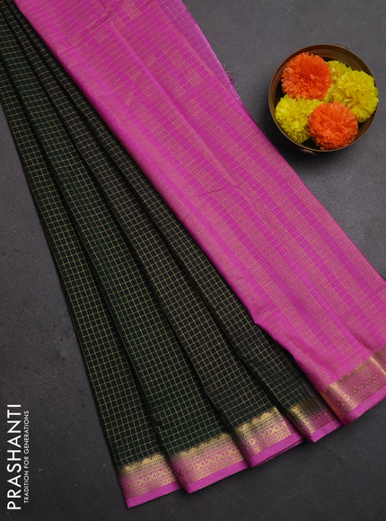 Semi mysore silk saree bottle green and pink with allover zari checked pattern and temple design zari woven border