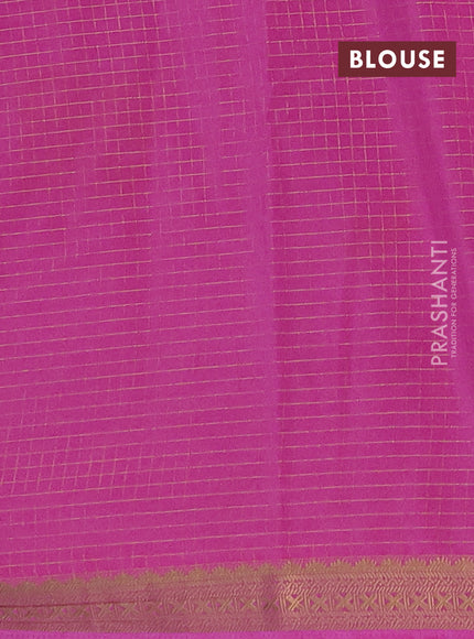 Semi mysore silk saree bottle green and pink with allover zari checked pattern and temple design zari woven border