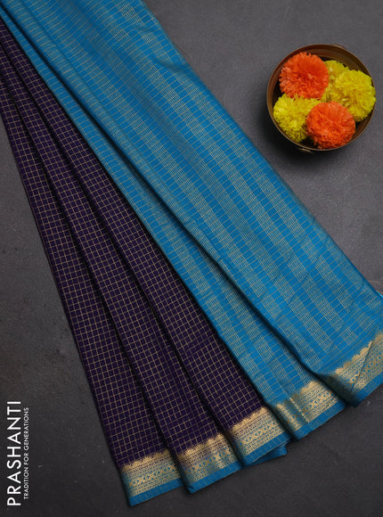 Semi mysore silk saree navy blue and blue with allover zari checked pattern and temple design zari woven border