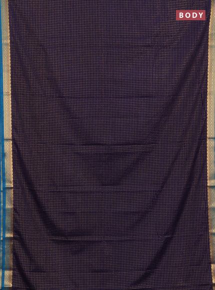 Semi mysore silk saree navy blue and blue with allover zari checked pattern and temple design zari woven border