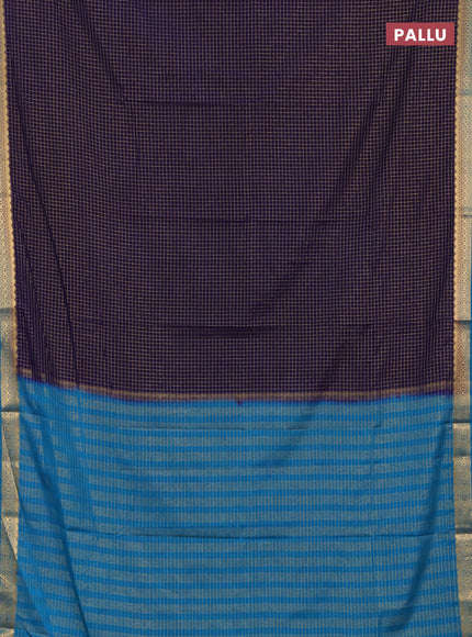 Semi mysore silk saree navy blue and blue with allover zari checked pattern and temple design zari woven border