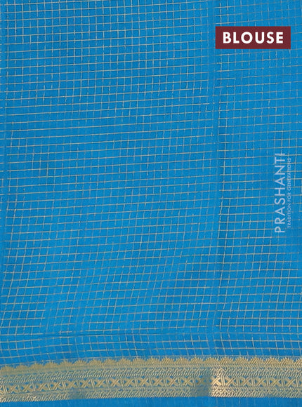 Semi mysore silk saree navy blue and blue with allover zari checked pattern and temple design zari woven border