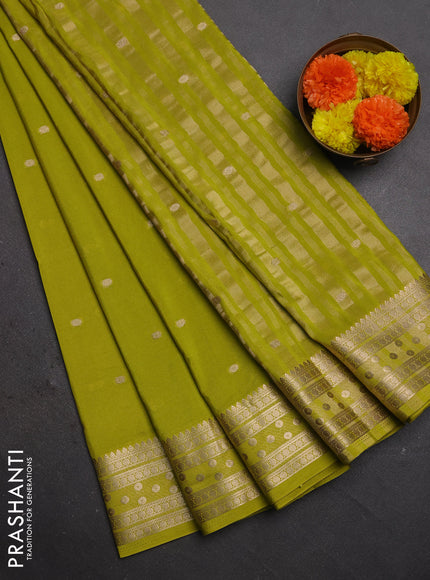 Semi mysore silk saree lime green with allover zari woven buttas and zari woven border