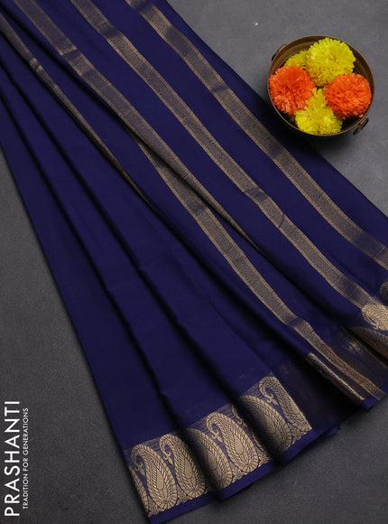 Semi mysore silk saree navy blue with plain body and zari paisley butta border