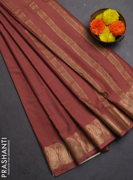 Semi mysore silk saree rosy brown with plain body and zari paisley butta border